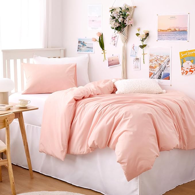 Wake In Cloud - Cotton Duvet Cover Set, 100% Washed Cotton, Linen Like Textured, Breathable Durable Comfy Farmhouse Neutral Bedding Set, 3 Pieces, Pink, Twin/Twin XL Size