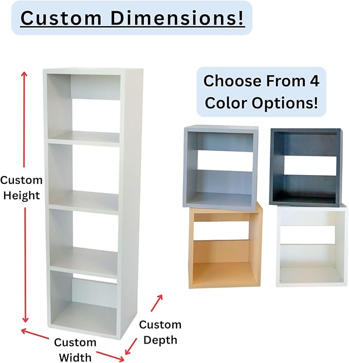 Custom Sized 4-Cube Cubby; Choose color, width, depth, and height. Units are 3/4 inch thick premium grade melamine for strong, solid unit. Easy assembly. Place on the floor or mount on a wall.