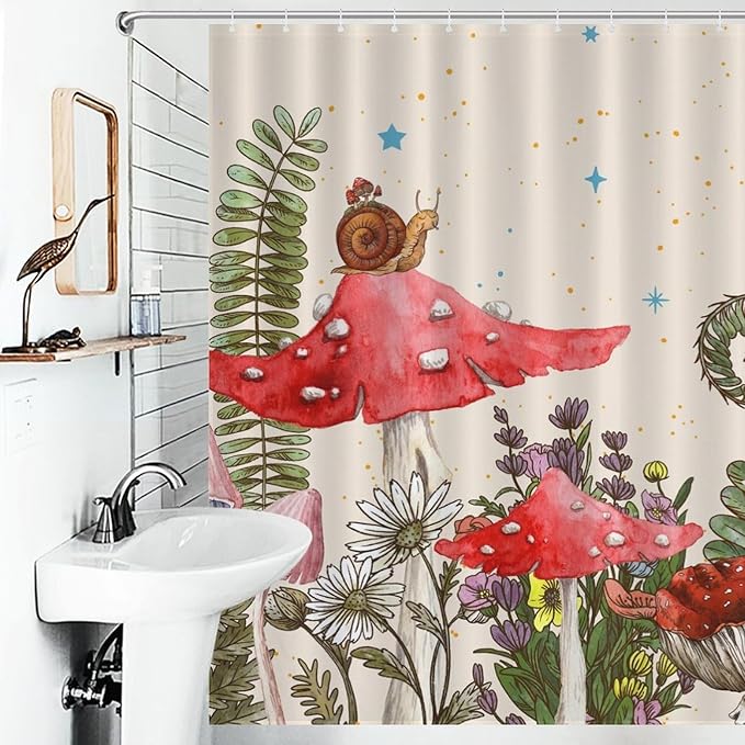 Mushroom Shower Curtain, Wild Floral Botanical Moon Star Daisy Cottagecore Nature Botanical Plants Herbs Farmhouse Waterproof Fabric Bathroom Shower Curtain Set with Hooks, 72"x78" Inch