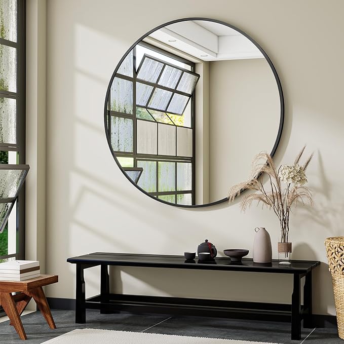 VooBang Large Black Round Bathroom Mirror, 48 inch Circle Wall Mounted Hanging Mirror with Simple Modern Circular Metal Frame for Hallway, Entryway, Living Room, Black Frame