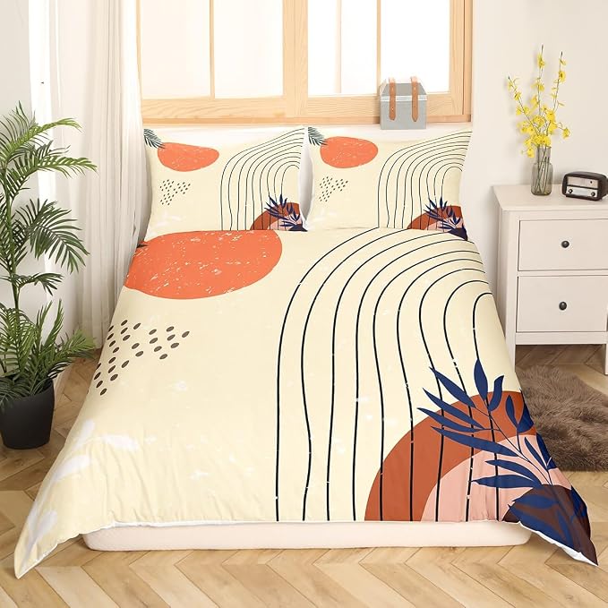 Erosebridal Retro Minimalism Bedding Sets King Hippie Modern Comforter Cover, Mid Century Bed Set Abstract Art Duvet Cover, Geometric Lines Stripes Quilt Cover Red Sun Print Bedroom Decoratives
