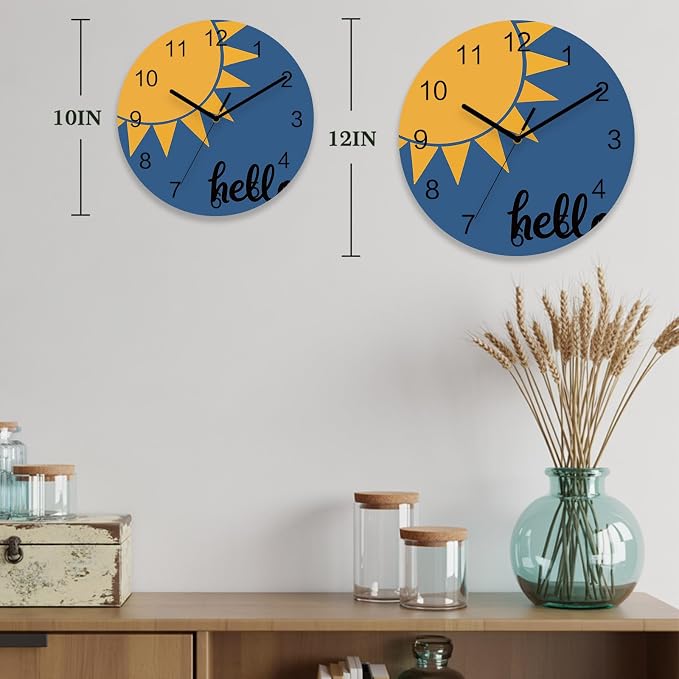 Sunburst Rays Wall Clock Battery Operated Non-Ticking 10" Round Wood Clocks, Mustard Yellow Slate Blue Kitchen Wall Clock for School Bathroom Living Room Home Office Wall Decor