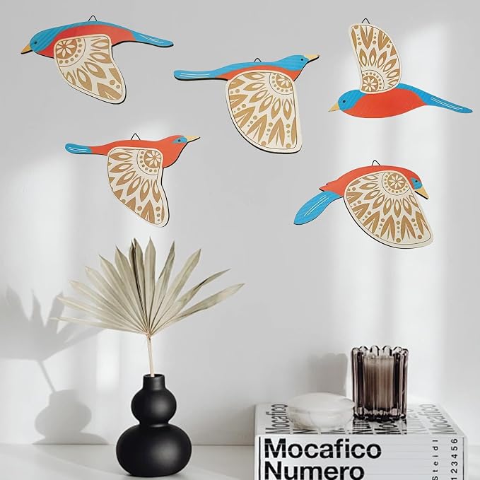 EMINGSKY 5 Pcs Wooden Bird Wall Art Wood Flying Birds Wall Decor Boho Rustic Folk Art Home Decor for Gift Living Room Bedroom Kitchen Office (Teal)