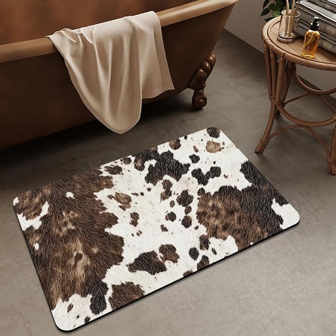 Bath Mat Rug,Animal Cow Skin Texture Non Slip Quick Dry Super Absorbent Thin Bathroom Rugs Fit Under Door-Easy to Clean Bathroom Floor Mats-Shower Rug for Shower Sink Bathtub(20" x 31"in)