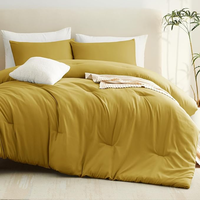 CozyLux Full Size Comforter Set Mustard Yellow, 3 Pieces Lightweight Down Alternative Quilted Bedding Sets, All Season Soft Breathable Solid Comforter with 2 Pillowcases, Luxury Bed Set Gift for Home