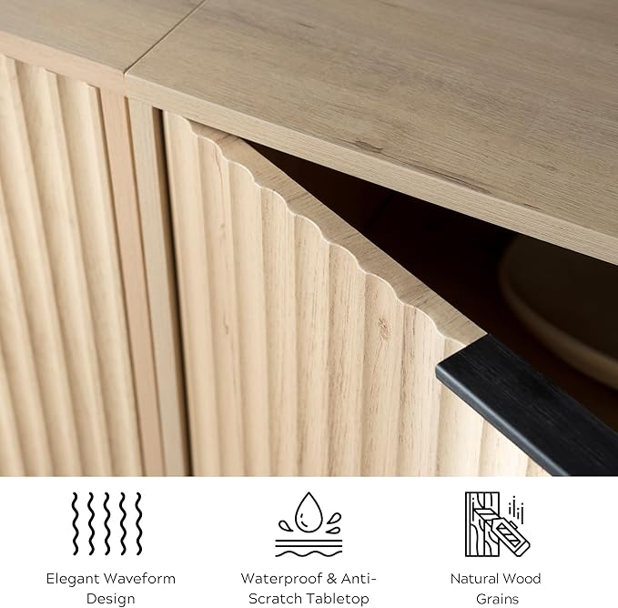Fluted Storage Cabinet Sideboard Buffet Cabinet, Modern Accent Cabinets with Adjustable Shelves, Wooden Credenza, Console Table Entryway Cabinets for Living Dining Room, Light Oak