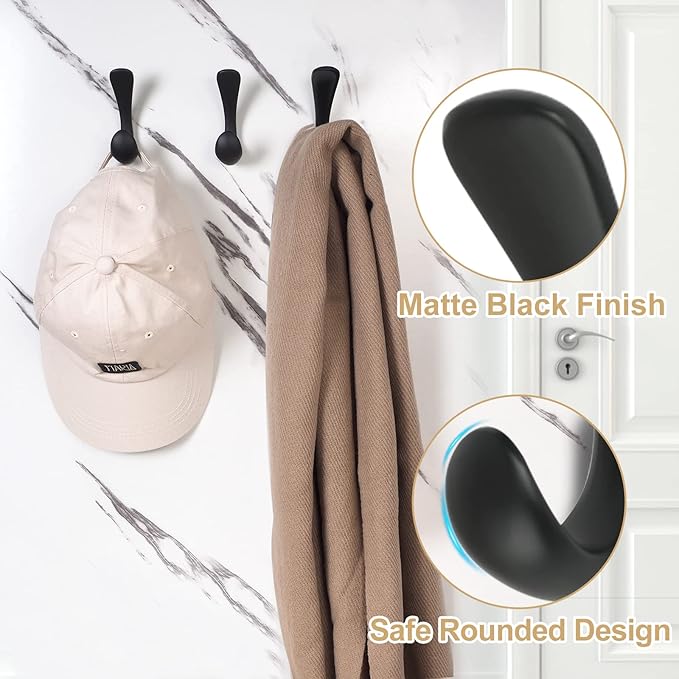 6 Pack Towel Hooks for Bathrooms Wall Mounted, Matte Black Bathroom Hooks for Towels, Robe & Towel Hook for Wall, Modern Black Bath Towel Hook