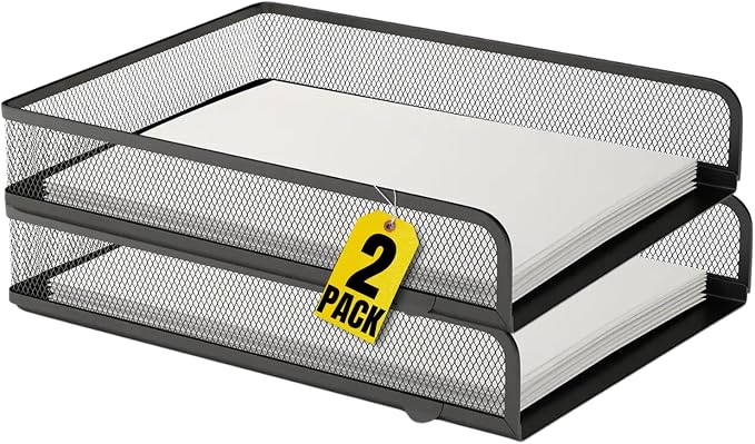 1InTheOffice Letter Trays for Desk Stackable, Front-Load Mesh Desk Tray Organizer, Black, 2 Pack