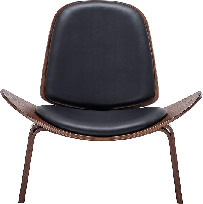 Belleze Mid Century Modern Tripod Plywood Lounge Chair Walnut Bentwood Upholstered Faux Leather, Black