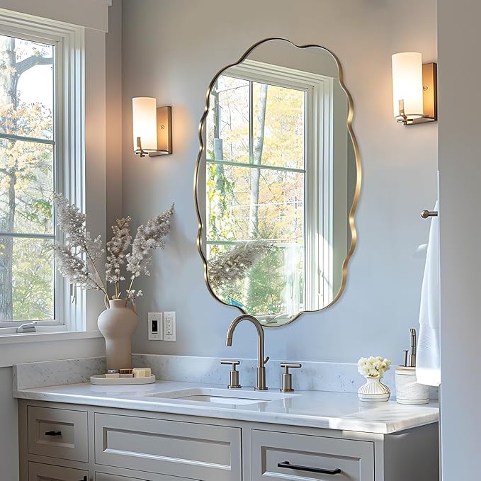 ANDY STAR Wavy Oval Bathroom Mirror, 30x40 Inch Brushed Gold Scalloped Wall Mirror, Anti-Rust Brass Metal Mirror for Bathroom Hang Vertical or Horizontal