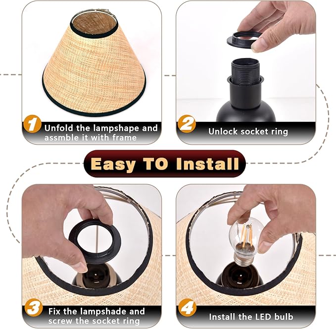 Matte Black Rattan Table Lamp for Bedroom, Modern Wicker Lamps for Bedside Nightstand, Small Table Rattan Shape Lamps for Small Spaces for Kitchen Counter, Home Office, Living Room, Kids Dorm