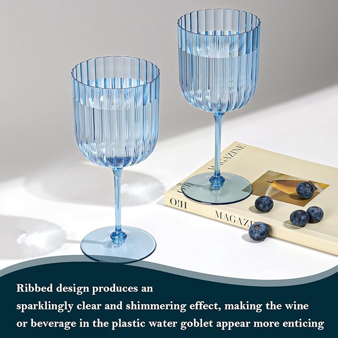 24 PCS Plastic Ribbed Wine Glasses 11oz Blue Detachable Wine Goblet Unbreakable Vintage Ripple Water Goblets Cocktail Drinking Cups for Parties Weddings Poolside Outdoors