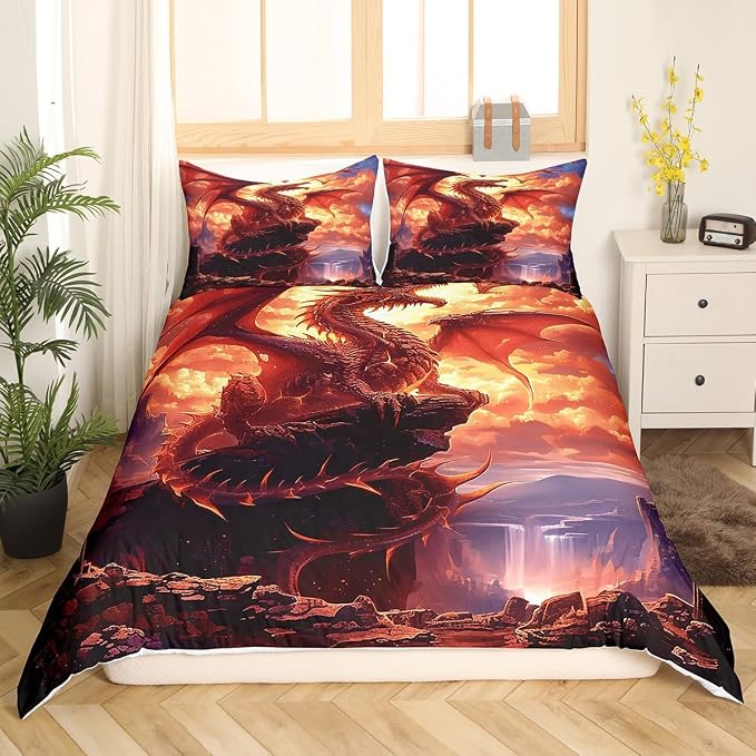 3D Dragon Duvet Cover Set Twin Size,Sunset Mountain Scenery Romantic Bedding Set,Boys Men Room Decor,Gothic Wildlife Western Animals Comforter Cover,Orange Quilt Cover,1 Pillowcase(No Filler)