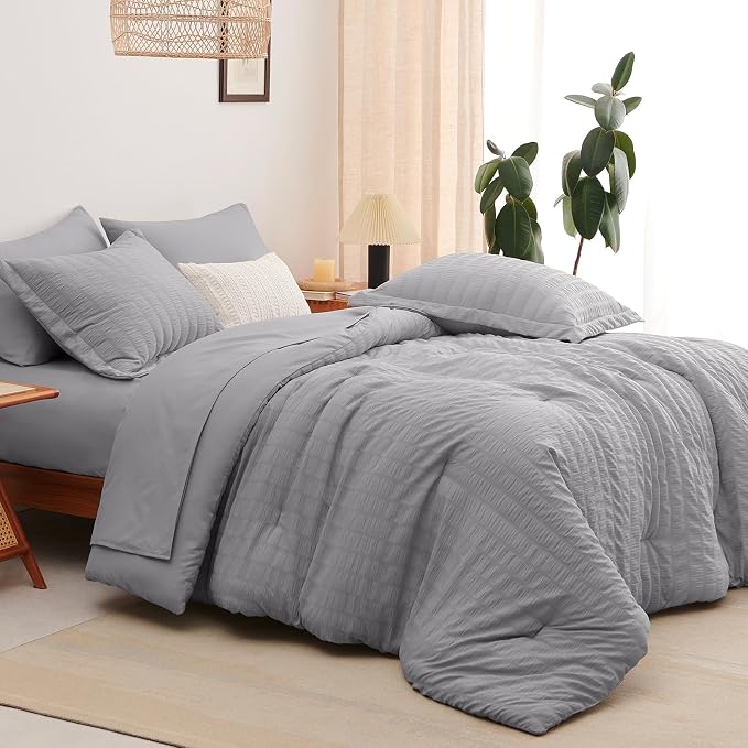 CozyLux Full Size Comforter Sets Grey, 7 Pieces Seersucker Textured Luxury Bed in a Bag Gray, All Seasons Soft Bedding Sets with Down Alternative Comforter, Sheets, Pillowcases & Shams, Home Gift