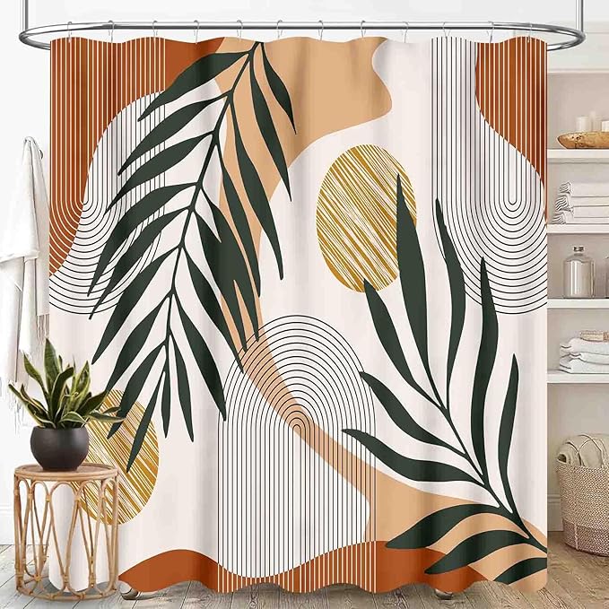 Mid Century Modern Shower Curtain, Boho Aesthetic Green Tropical Palm Leaves Abstract Minimalist Geometic Arch Waterproof Fabric Bathroom Shower Curtain Set with Hooks, 72"x78" Inch