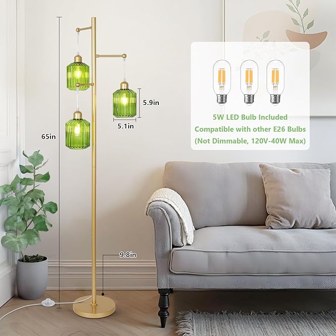 Glass Floor Lamp for Living Room,3-Light Gold Boho Flower Floor Lamp for Bedroom,Farmhouse Standing Lamp Tree Floor Lamps Vintage Retro Brass Tall Lamps for Bedroom,Office,Corner(LED Bulbs Included)