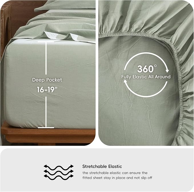 MooMee Bedding Sheet Set 100% Washed Cotton Linen Like Textured Breathable Durable Soft Comfy (Heathered Sage Green, Full)
