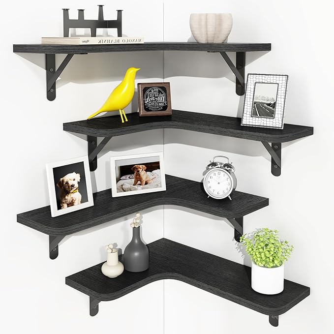 YGEOMER Corner Floating Shelves, Wall Mounted Corner Shelf for Bathroom, Kitchen, Bedroom, Home Decor, Laundry Room, Living Room(Set of 4 Black)