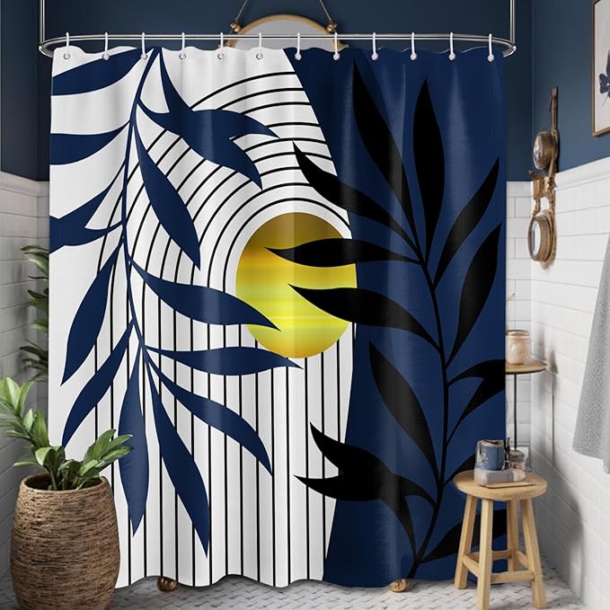 Boho Navy Blue Shower Curtain, Mid Century Modern Blue Shower Curtains for Bathroom Decor Set, Waterproof Fabric with Hooks, 70" W x 72" L