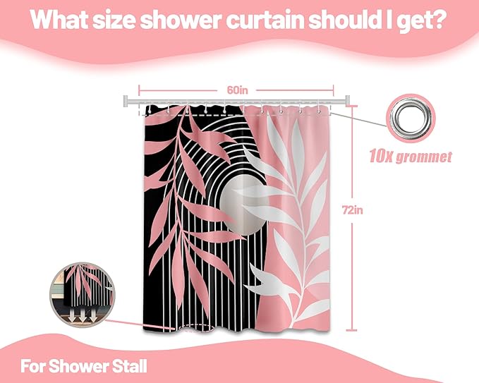 Pink Shower Curtain Boho Mid Century Pink and Black Shower Curtains for Bathroom Decor, Waterproof Cloth Fabric with Hooks, 60" W x 72" L (Pack of 1)