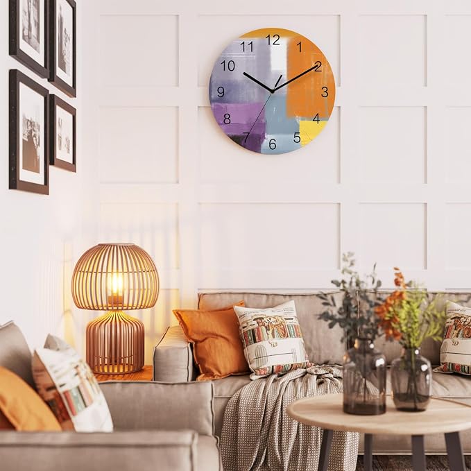 Abstract Painting Art Style Purple Orange Grey Yellow Wall Clock Battery Operated Non-Ticking 12" Round Wood Clocks, Kitchen Wall Clock for School Bathroom Living Room Home Office Wall Decor