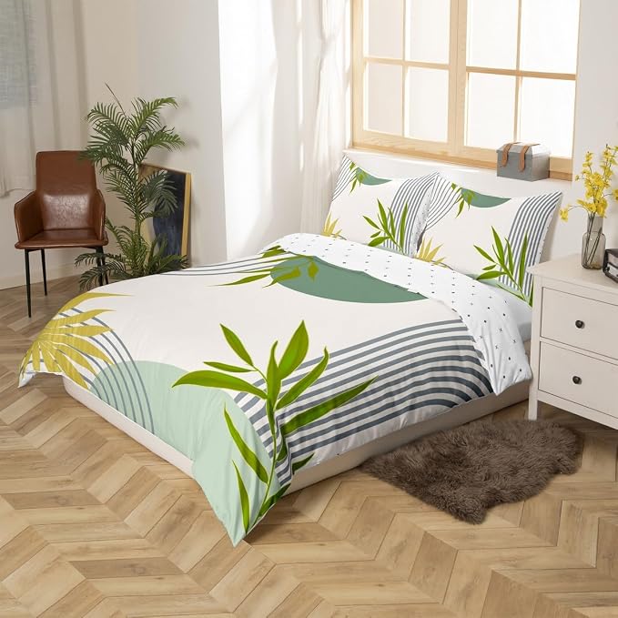 Erosebridal Abstract Modern Duvet Cover Queen for Kids Teens Adults,Botanical Minimalist Comforter Cover,Geometric Green Grey Bedding Set,Mid Century Aesthetic Bed Set 3 Pcs Bedroom Decor