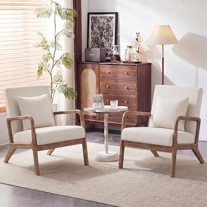 Mid Century Accent Chair with Solid Wood Frame Set of 2, Upholstered Lumbar Pillow Lounge Chair Beige Linen Fabric Cozy Leisure Chair Relaxing Retro Living Room Chair for Bedroom Waiting Room