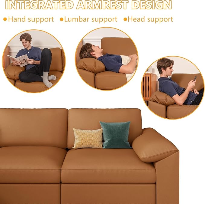 EASE MOOSE Leather Sectional Couch, Oversized Modular Sectional Sofas, Wide Deep Seat Modular Couch, Scratch Resistant Faux Leather Material, L Shaped Sofa for Big Spaces, Brown