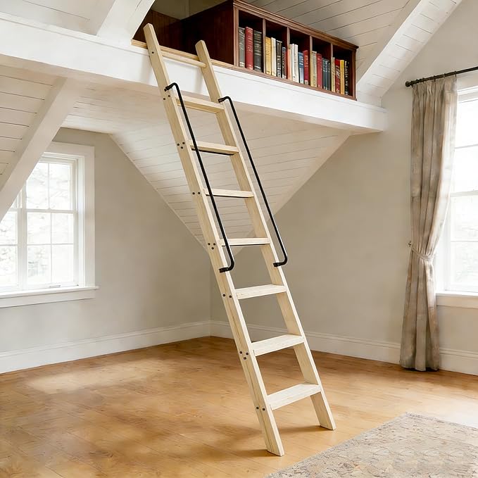96in Attic Rolling Library Ladder, 8 Step Wooden Ladder with,Loft Ladder Bookshelf,Wall Stairs Red Oak Stair Platform Bunkbed Ladder,for Home Kitchen,Warehouses,Bookstore,DIY Stain