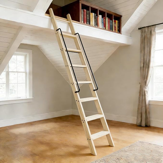 96in Attic Rolling Library Ladder, 8 Step Wooden Ladder with,Loft Ladder Bookshelf,Wall Stairs Red Oak Stair Platform Bunkbed Ladder,for Home Kitchen,Warehouses,Bookstore,DIY Stain