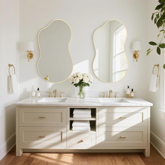 HOMECOOKIN 46" H x 26" W Irregular Wall Mirror, Asymmetrical Decorative Mirror with Gold Aluminum Frame, Wavy Abstract Gold Mirror, for Living Room, Bedroom, Bathroom, Entryway, Cloakroom