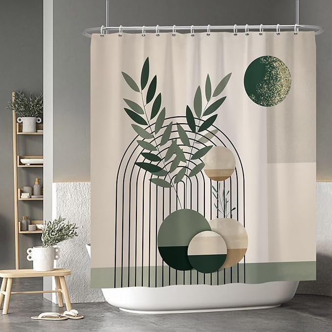 Baocicoo Mid Century Bohemia Green Moon Leaves Shower Curtain for Bathroom - Geometric Aesthetic Bathtub Decor - Polyester Durable Shower Curtain with Hooks - 72x78 Inches