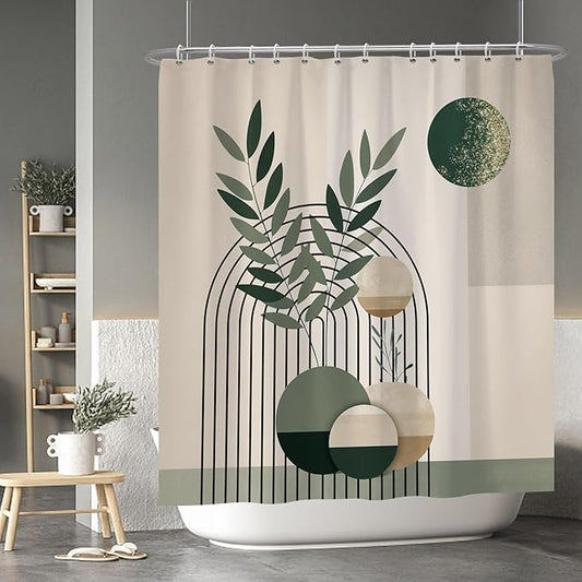 Baocicoo Mid Century Bohemia Green Moon Leaves Shower Curtain for Bathroom - Geometric Aesthetic Bathtub Decor - Polyester Durable Shower Curtain with Hooks - 72x78 Inches