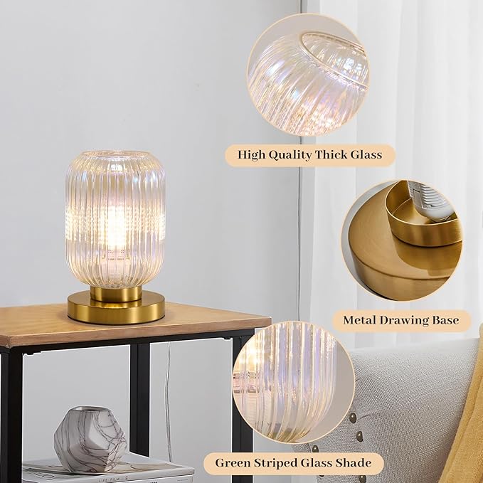 Dimmable Colorful Glass Table Lamp: Mid Century Modern Nightstand Light With Stained Shade - Small Decorative Brass Desk Lamp - Ribbed Glass Bedside Tables Lamps for Bedroom Living Room Bulb Excluded