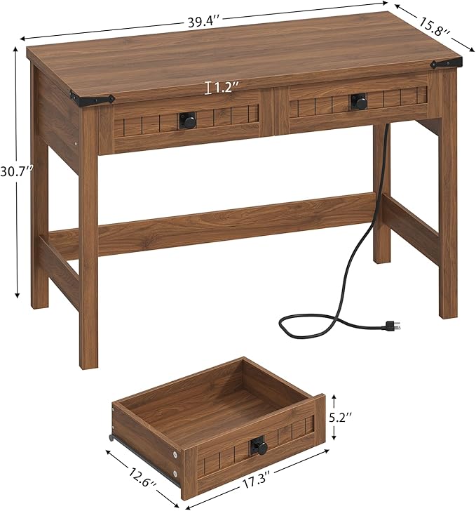YOMILUVE Farmhouse Computer Desk with 2 Drawers, 39 Inch Small Office Computer Desk with Power Outlets, Compact Writing Study Vanity Desk for Small Spaces, Brown