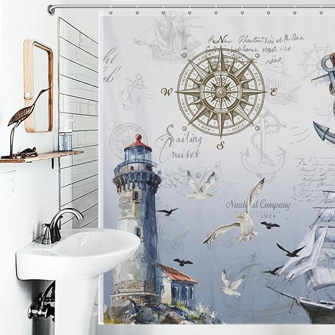 Nautical Shower Curtain,Coastal Lighthouse Compass Anchor Sailboat Bathroom Decor Fabric Waterproof Bathroom Curtain with Hooks,72x84Inch