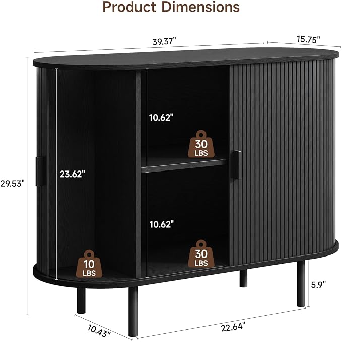Buffet Cabinet with Storage, Fluted Sideboard Buffet with Sliding Door, Coffee Bar Cabinet with Adjustable Shelf, Console Table, Accent Table for Entryway, Kitchen (Black, 40 Inch)