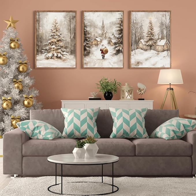 Christmas Wall Art Decor Winter Santa Pictures Vintage Christmas Canvas Poster Snowy Pine Trees Wall Art Xmas Forest Prints Santa Claus Painting Artwork for Bedroom Living Room 16x24x3 Inch Unframed