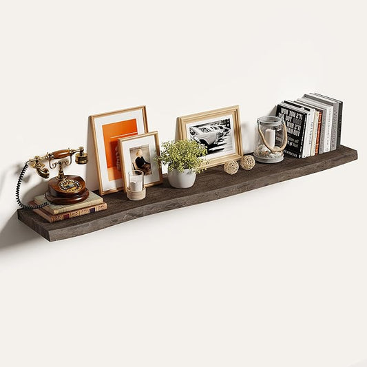 Vivelove Live Edge Floating Shelves for Wall Solid Elm Wood, Rustic Farmhouse Wall Shelf with Invisible Bracket for Living Room Bedroom Bathroom Office Book, 55 Inches - Set of 1 - Dark Walnut
