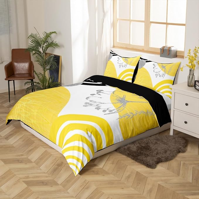 Erosebridal Boho Mid Century Twin Comforter Cover for Women Men Adults |Yellow and White Modern Duvet Cover Minimalist Geometric Bed Set Aesthetic Modern Abstract Bedding Set