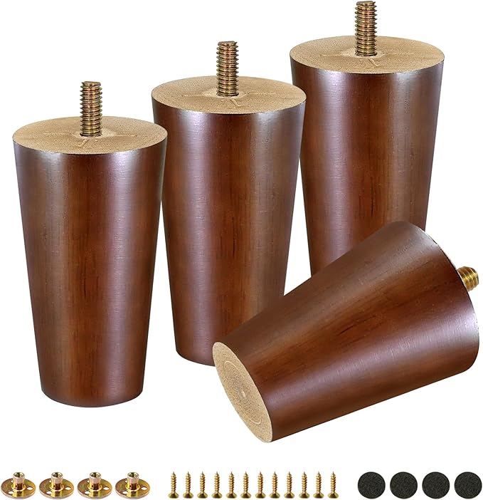 FoDau770 Brown Rubber Wood Furniture Legs 4 Inches, Straight Tapered Wood Feet Mid Century Sofa Legs Set of 4, 5/16" UNC Furniture Feet for Cabinet Couch Dresser Chair Ottoman Table