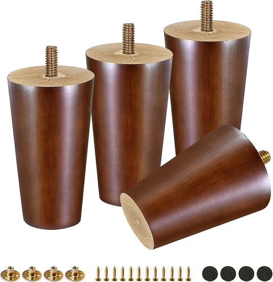 FoDau770 Brown Rubber Wood Furniture Legs 4 Inches, Straight Tapered Wood Feet Mid Century Sofa Legs Set of 4, 5/16" UNC Furniture Feet for Cabinet Couch Dresser Chair Ottoman Table