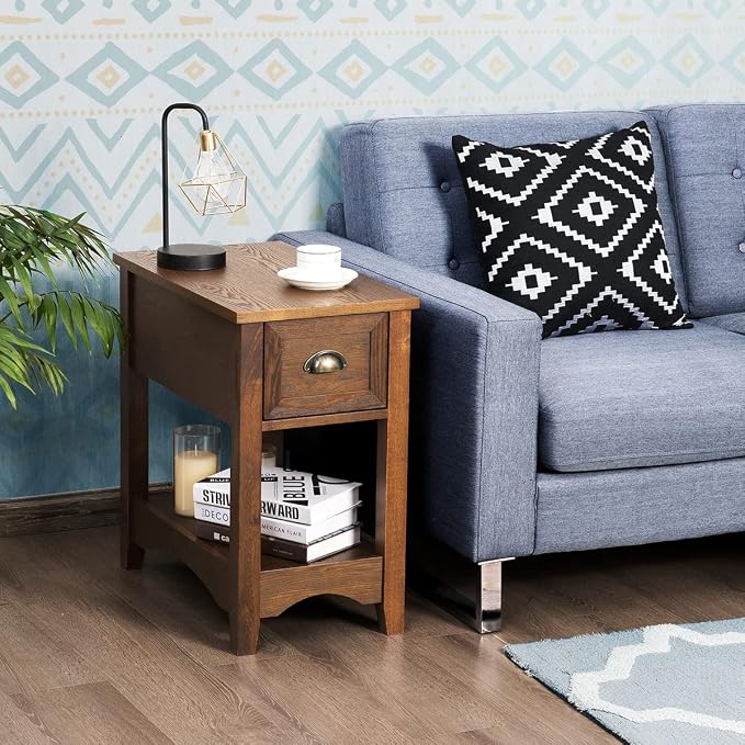 KOTEK End Table with Drawer and Open Shelf, Retro Narrow Side Table Nightstand w/Solid Wood Legs, Slim End Table for Small Space, Living Room, Bedroom, Home Office (Set of 2, Tawny)