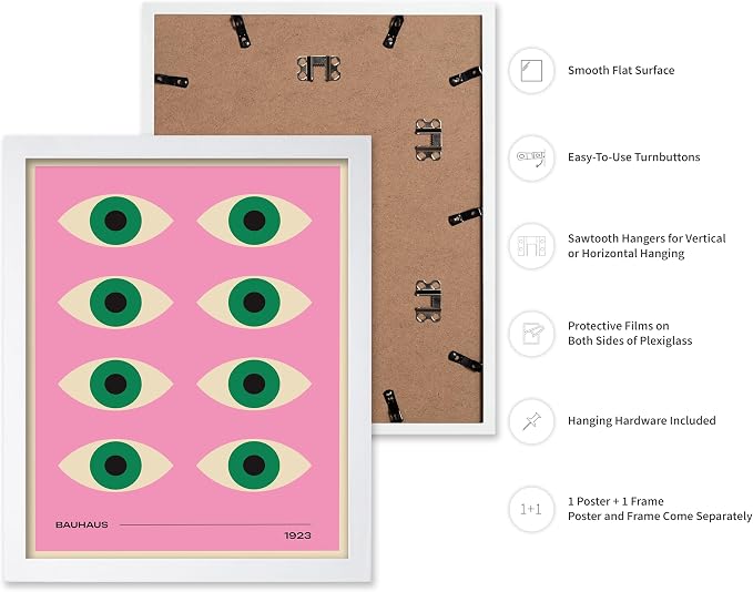 Poster Master Bauhaus Poster - Green Eyes Print - Graphic Design Art - Geometric Art - Chic Boho Art - Mid Century Modern Art - Abstract Art - Living Room or Bedroom Decor - 11x14 White Framed