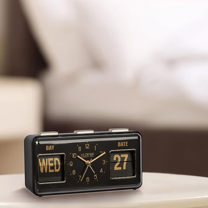 La Crosse Clock 636-379B Daily Flip Black Tabletop Alarm Clock with Calendar