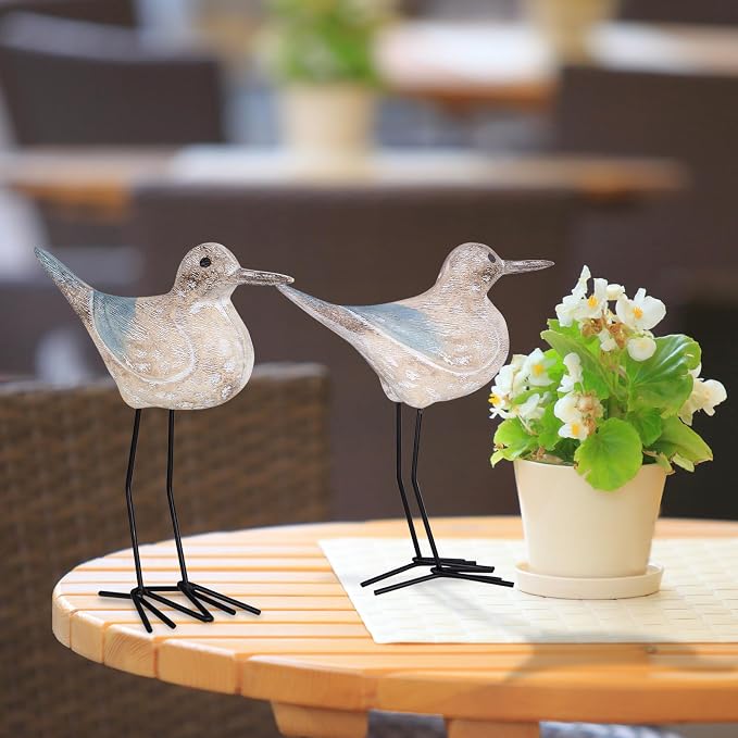 Seagull Statues Coastal Beach Nautical Decor, Wood Sea Bird Sculpture Ornament for Home Room Table Decor (2pcs)