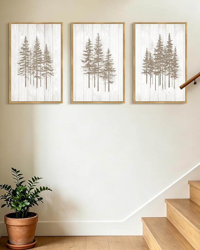 KUVIOKE Foggy Misty Pine Tree Framed Wall Art Watercolor Nature Abstract Forests Wall Decor Rustic Minimalist Painting for Bedroom Dining Room 16x24in (Natural Framed)