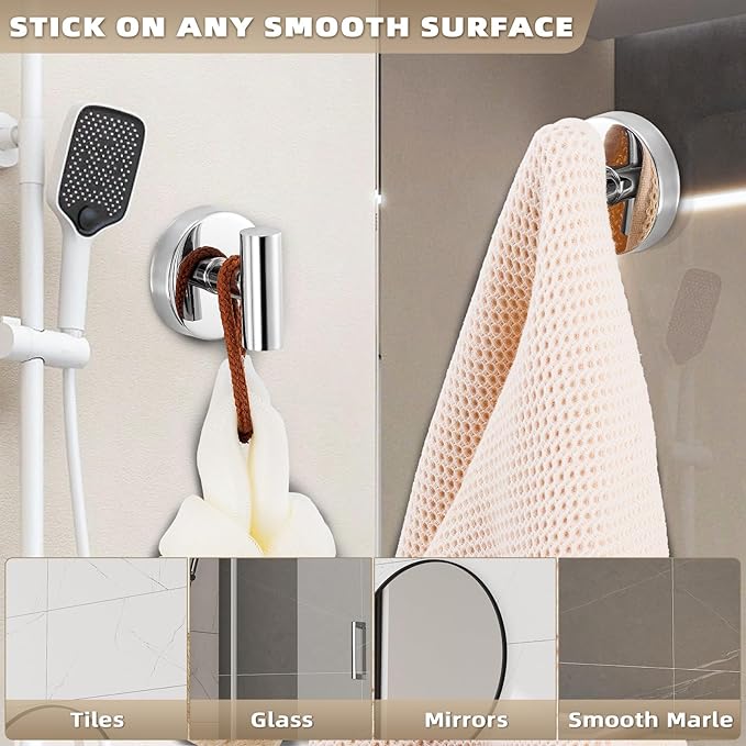Suction Cup Hooks for Shower - Bathroom Reusable Hooks for Towels, Robes & Loofah - No-Drill Mounting on Kitchen,Walls,Metal,Glass,Mirrors,Tile & Smooth Non-Porous Surfaces (4, Chrome Polished)