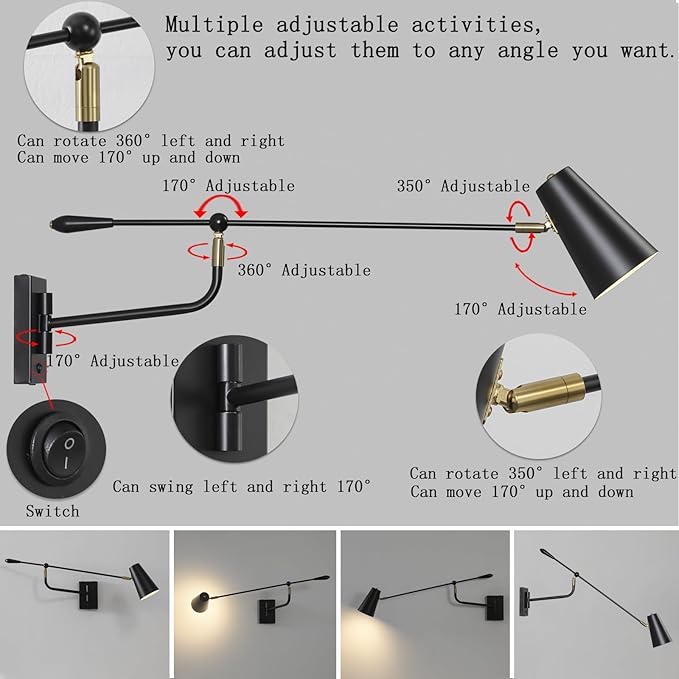 Rotatable Adjustable Direction Swing Arm Wall Sconce, 33" Dual Power Modes Plug-in/Hardwired, Vintage Industrial Black Wall Lamps for Living Room Bedroom Dining, E26 Bulb