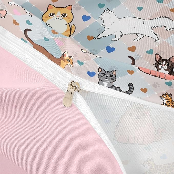 Erosebridal Cat Bedding Set Full Cute Kitten Duvet Cover Kawaii Pet Animals Comforter Cover for Kids Girls Boys Adults Hearts & Paw Pastel Argyle Patchwork Plaid Bed Set
